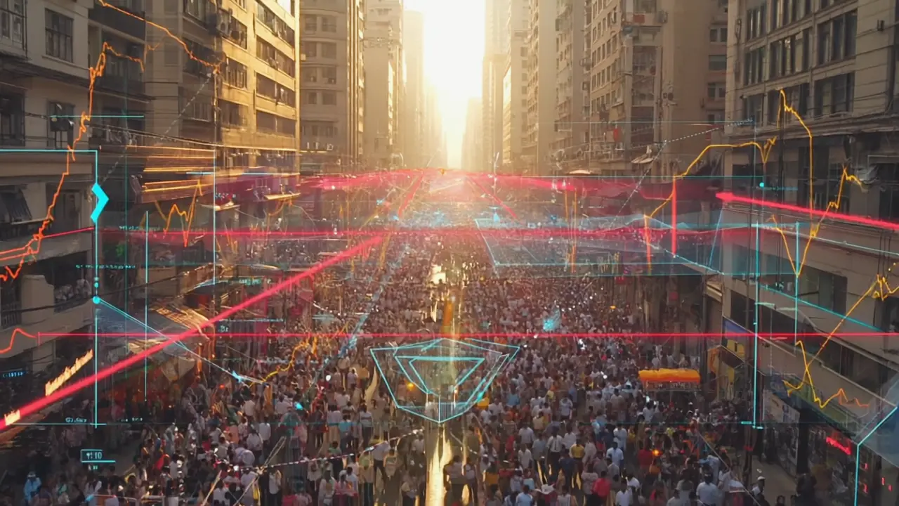 SurakshaPath crowd management scene, aerial view of organized movement