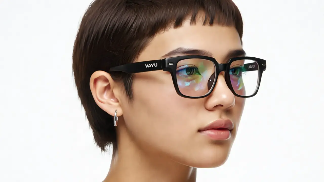 Vayu X smart glasses product photo, matte black, studio lighting